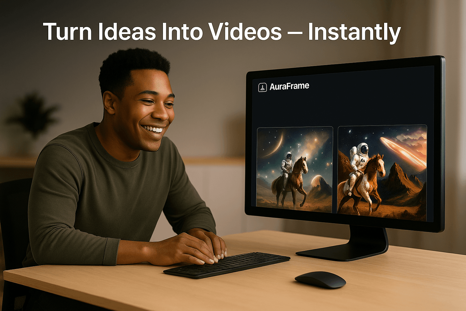 Screenshot of AuraFrame showing AI video generation examples