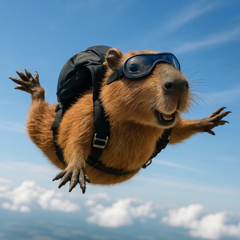 AI Generated image of a skydiving capybara wearing goggles